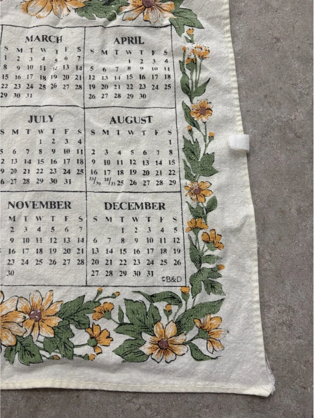 Vintage 1992 Calendar Wall Hanging Kitchen Tea Towel Cats Kittens Flowers